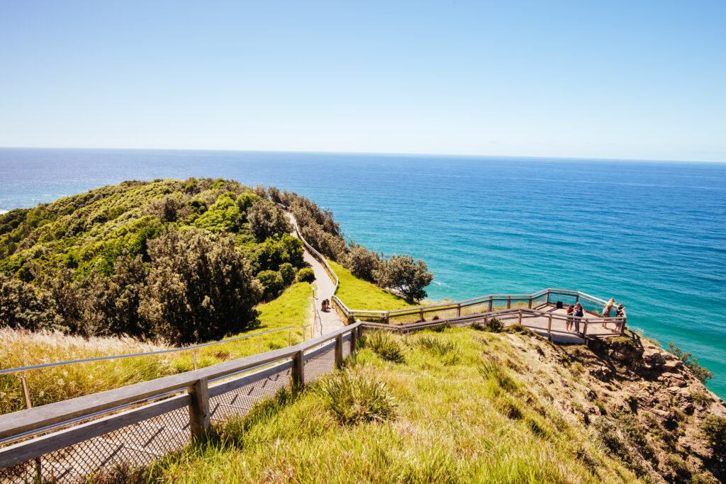 Walking path around Byron Bay lighthouse on a hot autumn day in Byron Bay, New South Wales, Australia.