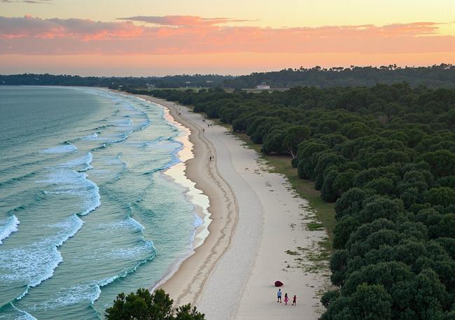 Expansive Tallow Beach with family walking along pristine shoreline