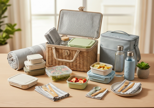 Organized eco-friendly picnic essentials laid out on wooden table