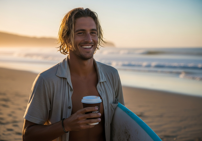 Surfer enjoying morning coffee after dawn session at Broken Head