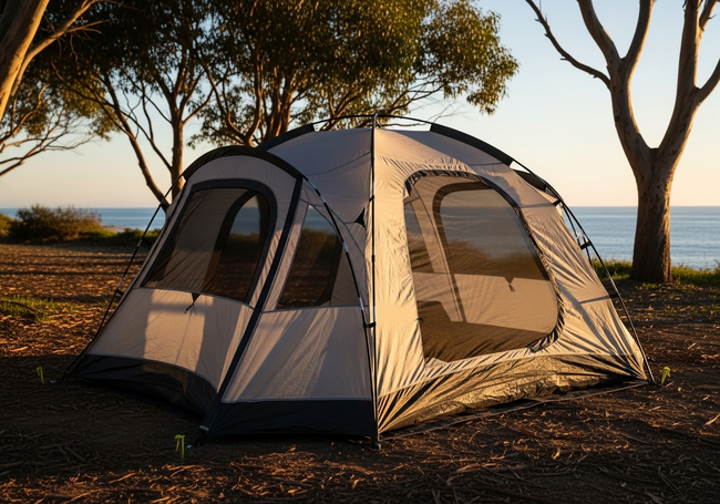 Professional-grade camping tent properly set up with coastal-specific equipment