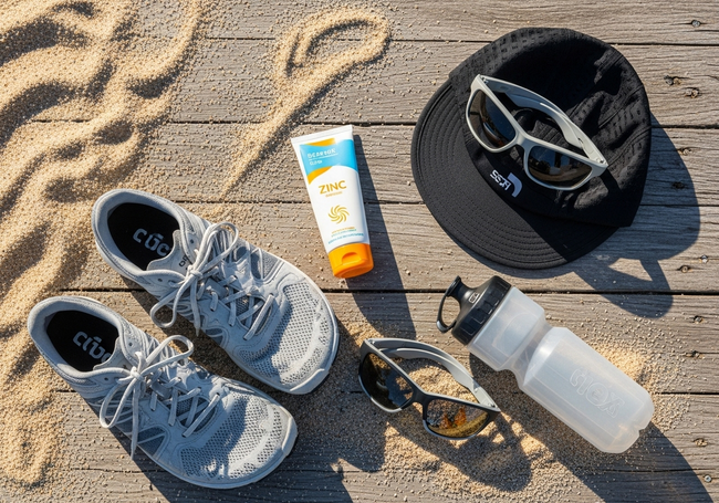 Essential beach running gear layout including shoes, sunscreen, and hydration