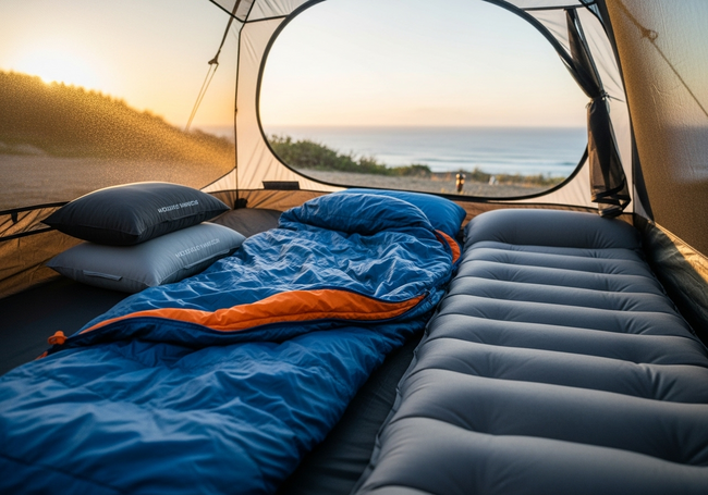 Modern coastal camping sleep system with synthetic materials and proper ventilation