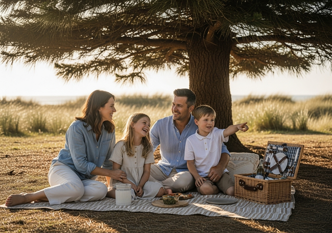 Happy family enjoying relaxed picnic under Norfolk Pine tree