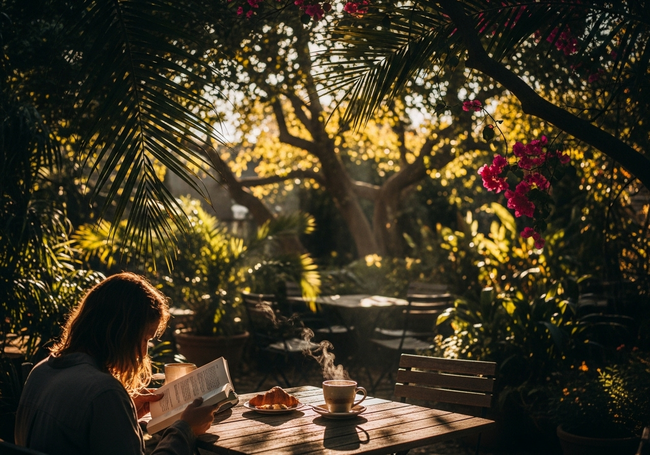 Tranquil cafe garden setting with person enjoying peaceful morning coffee