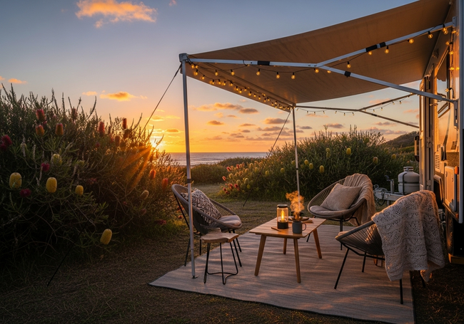 Perfect caravan awning setup creating inviting outdoor living space