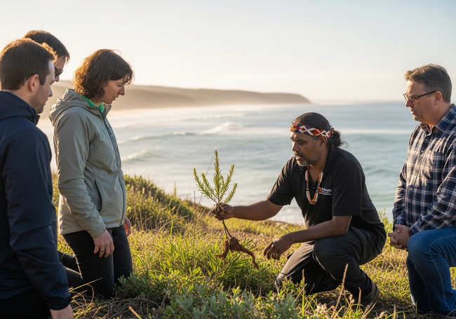 An Indigenous guide sharing traditional knowledge about native plants with interested visitors on Country