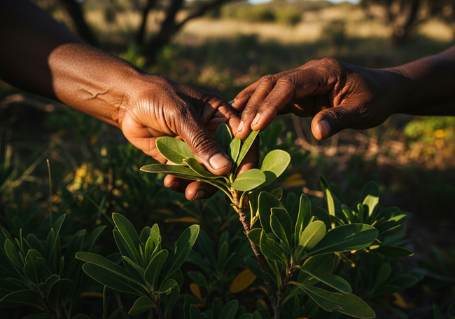 Indigenous hands sharing knowledge of native plants, demonstrating connection to Country
