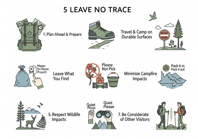 Infographic showing five Leave No Trace principles for responsible hiking in Byron Bay.