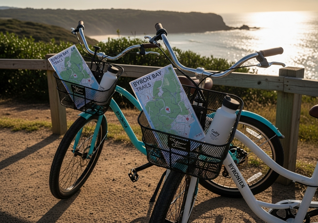 Two e-bikes parked at a scenic Byron Bay lookout with local maps and coffee cup visible