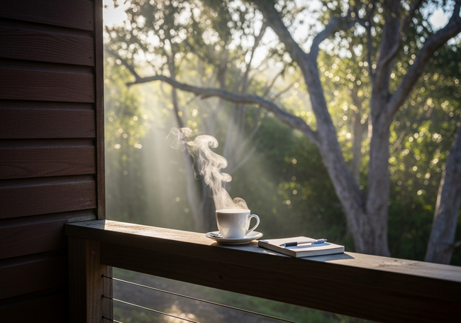 Peaceful morning scene on a cabin deck with journal and tea, surrounded by nature