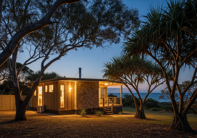 Eco-friendly cabin nestled in coastal vegetation at Broken Head Holiday Park at twilight.