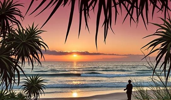 A serene sunrise over Tallow Beach, Byron Bay, with golden light streaming across empty sand.